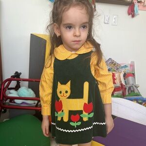 Vintage Chocolate Soup Cat Corduroy Green and Yellow Dress